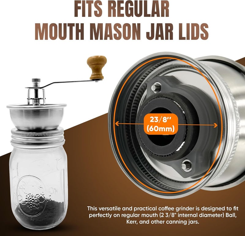 ByteX Stainless Steel Coffee Grinder Lid Attachment for Regular Mouth Mason Jars - Manual Crank Burr Grinder for Fresh Coffee, Ideal for Camping, Home Barista, Rust Proof Ceramic Mechanism - Image 3